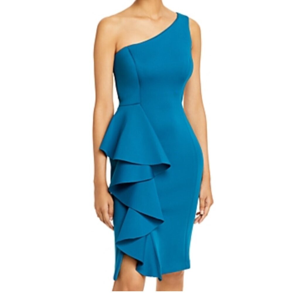 Eliza J Teal One Shoulder Ruffle Scuba Knit Dress, Size 8